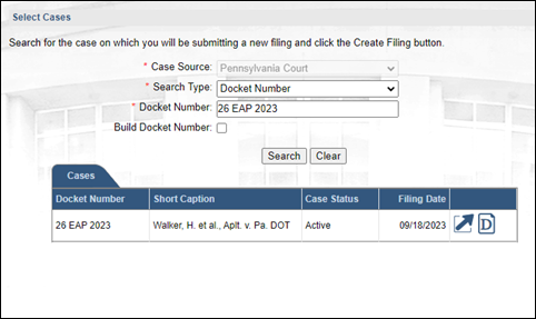 Searching for an existing Supreme Court case in the Select Cases screen.